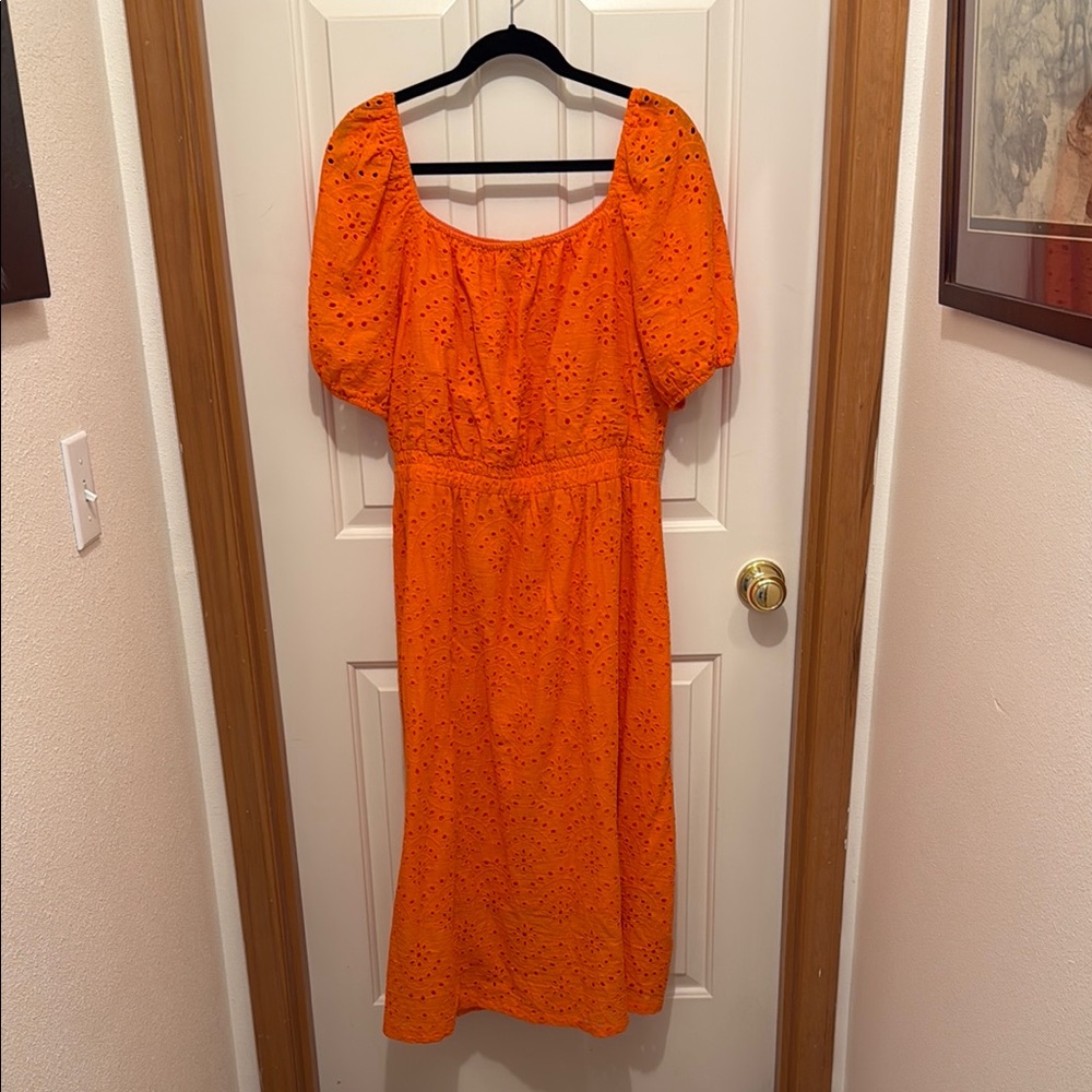 Bright Orange Puff-Sleeve Eyelet Midi Dress